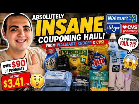 ABSOLUTELY INSANE COUPONING HAUL (WALMART, KROGER, AND CVS) + A FAIL?!? ~ $90+ FOR $3.41 + TAX!